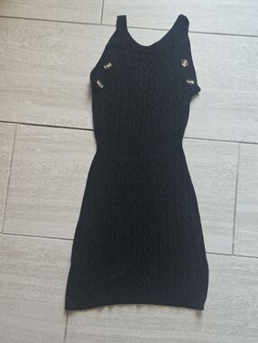 Black Cable-Knit Sleeveless Dress with Button Detail